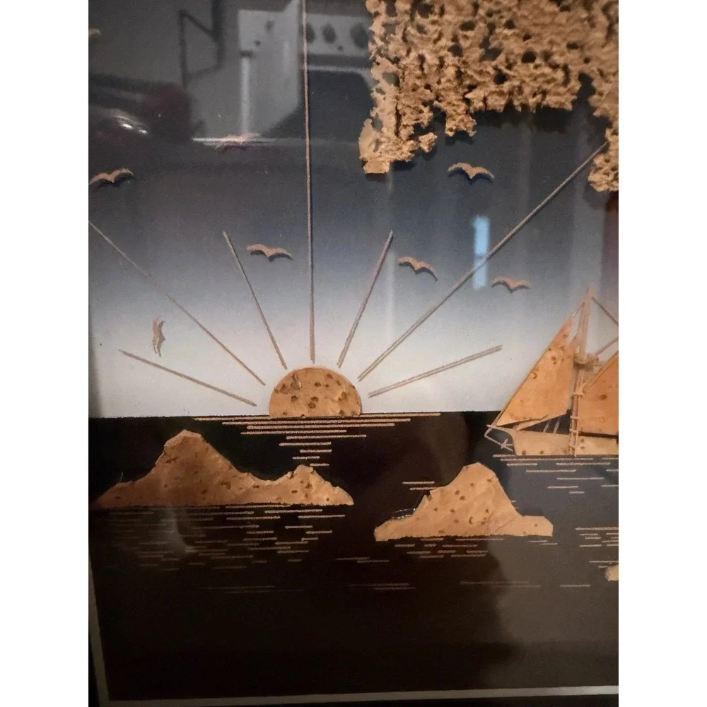 Carved Cork Asian Scene Framed Artwork Birds, Tree, Sailboat, Water